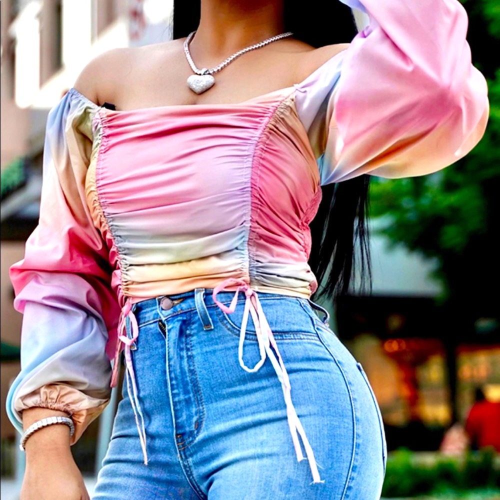 Pastel Rainbow Puff Sleeves Top w/  Pullstrings